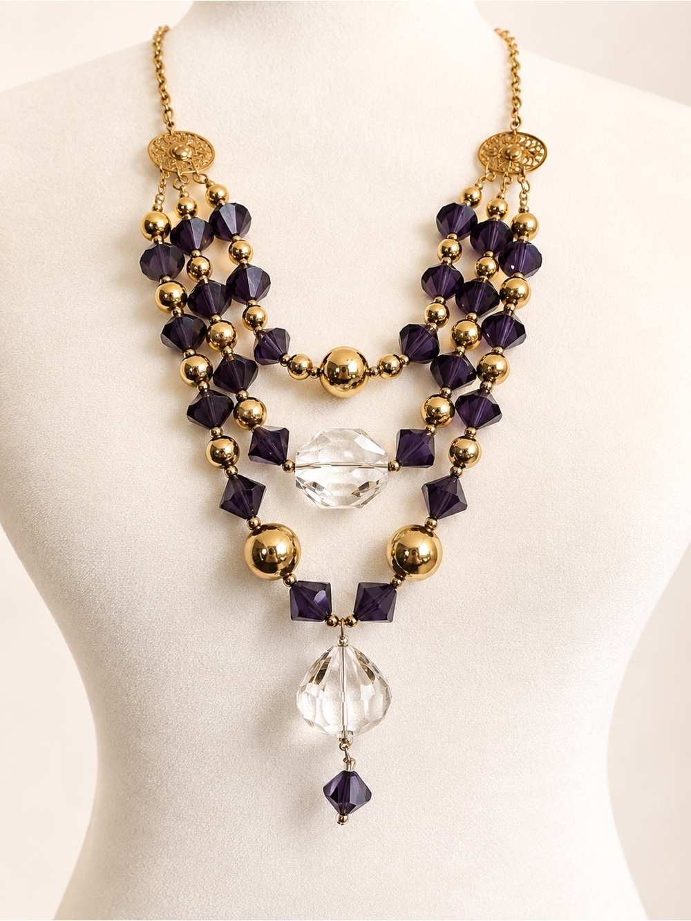 Gold and Purple Statement Layered Necklace - Picture 3 of 5